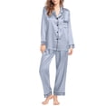 thumbnail image 1 of BODOAO Women's Satin Pajama Set, Classic Button Down Long Sleeve Sleepwear and Pants, Silk-like V-Neck Loungewear, Cozy Elegant Nightwear for Home Relaxing Grey M, 1 of 5