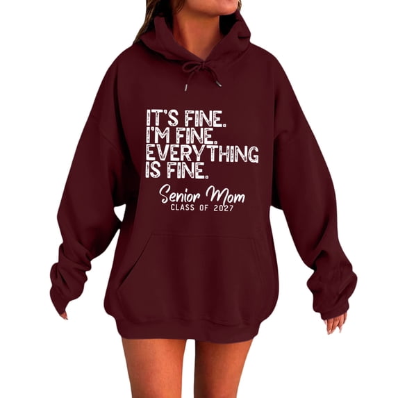 BODOAO Women's Senior Mom Hoodie Class of 2027 Graphic Sweatshirt Long Sleeve Drawstring Kangaroo Pocket Oversized Casual Fall Top for Women School Mom Gift Wear Wine L
