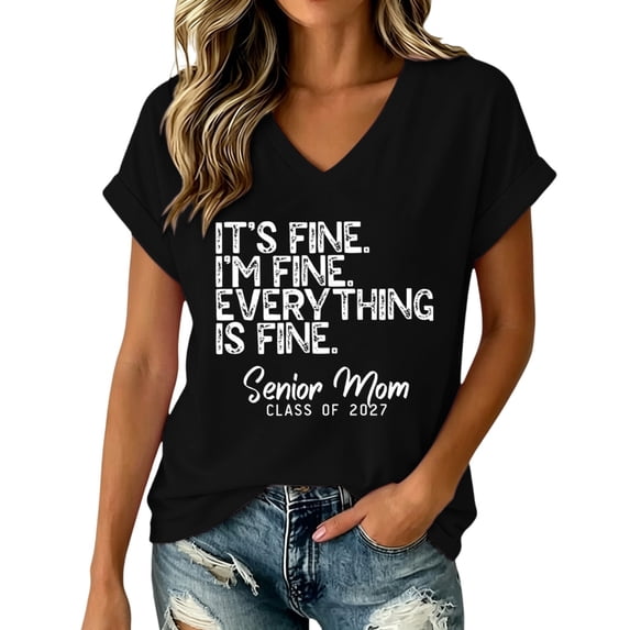 BODOAO Women's Senior Mom Shirt Class of 2027 Short Sleeve V Neck Graphic T-Shirt 2027 Senior Mom Tee Proud Senior Mom Graduate Shirt for Senior Year Graduation Tee Black M