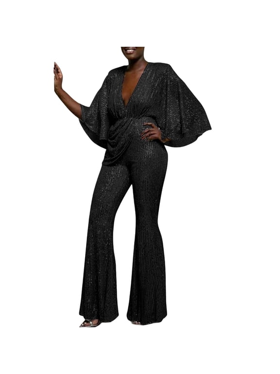 Women's Sequin Jumpsuit, Deep V Neck Flare Sleeve Romper, Elegant Wrap Waist Bell Bottom Pants Bodysuit, Sparkly One Piece Outfit for Evening Party, Night Out Clubwear Black 2XL