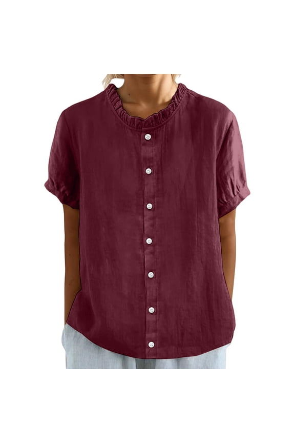 Women's Short Sleeve Button Down Shirts 2026 Trendy Casual Ruffle Stand Collar Blouses Elegant Frill Cuff Tops Curved Hem Plain Tunics Work Office Business Tees Wine L