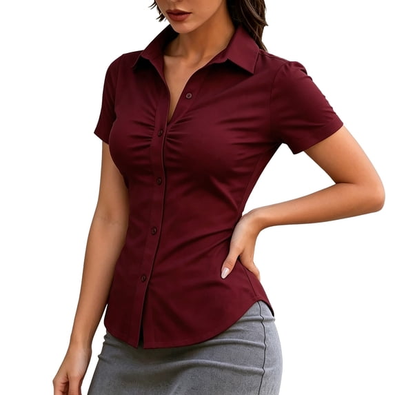 BODOAO Women's Short Sleeve Button Down Shirts Slim Fit Work Blouse Pack Ruched Business Casual Collared Office Tops Plain Tee Dress Shirts Uniform Wine XL
