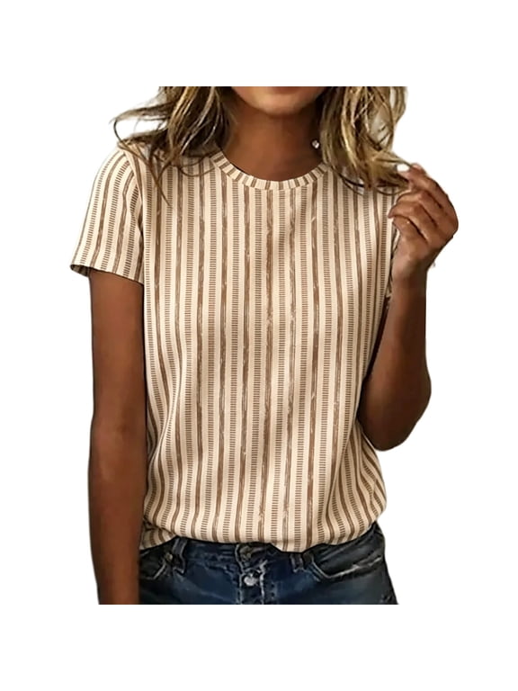Women's Short Sleeve Striped T-Shirt 2026 Trendy Casual Crewneck Tunics Summer Tops Vertical Stripe Printed Blouse Loose Fit Comfy Basic Tees Workout Pullover Brown S