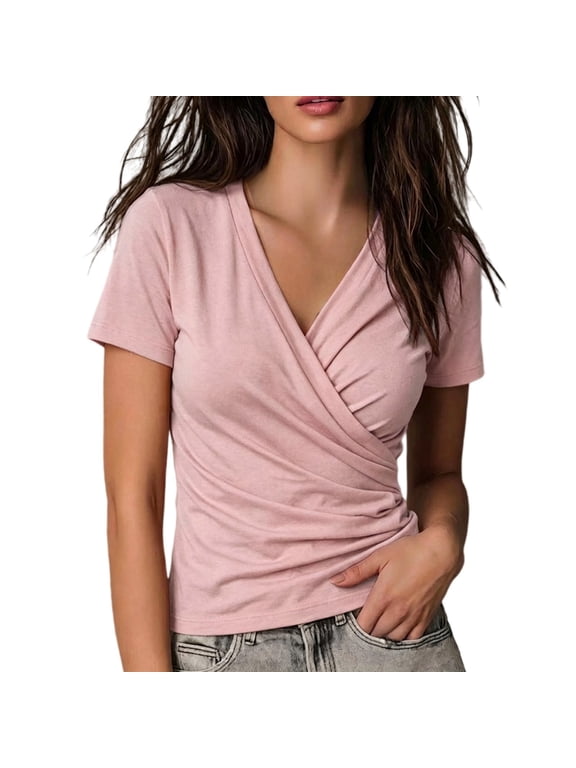 Women’s Short Sleeve Wrap Top, V Neck Ruched Side Blouse with Slim Fit Stretch Knit, Casual Summer Tee Shirt for Work, Date Night, Going Out, and Daily Wear Pink L