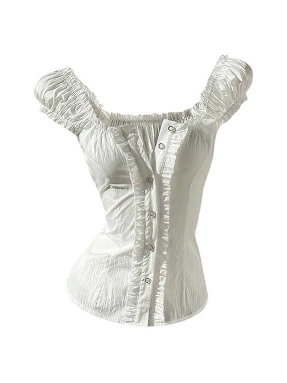 Women's Off Shoulder Top Short Puff Sleeve Button Front Blouse Ruffle Trim Ruched Fitted Dressy Casual Summer Shirt for Women Going Out Party Fashion Wear White XS