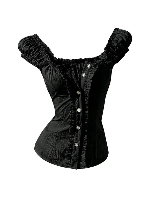 Women's Off Shoulder Top Short Puff Sleeve Button Front Blouse Ruffle Trim Ruched Fitted Dressy Casual Summer Shirt for Women Going Out Party Fashion Wear Black L