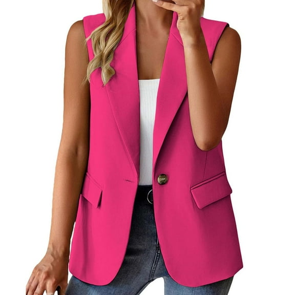 BODOAO Women's Sleeveless Blazer Vest Casual Open Front Single Button Summer Jacket with Pockets Sleeveless Coat Solid Color Cardigan Suit Casual Lapel Cardigan Jacket with Pockets Hot Pink Xxl