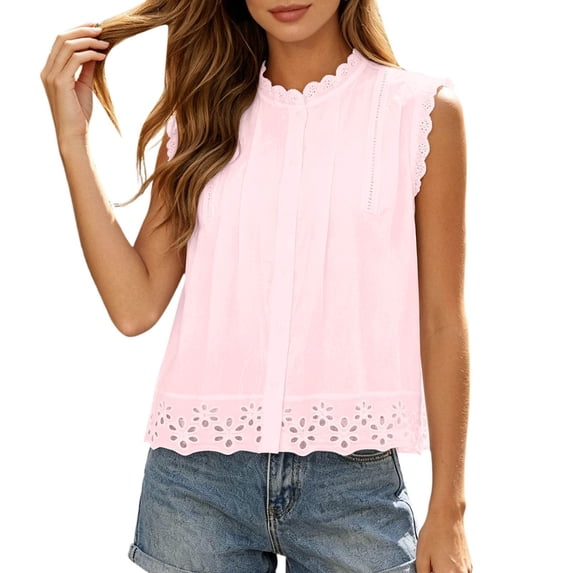 BODOAO Women’s Sleeveless Eyelet Lace Blouse Scalloped Mock Neck Loose Fit Tank Top with Ruffle Trim and Embroidered Hem Casual Summer Shirt for Work Vacation Daily Wear Pink M