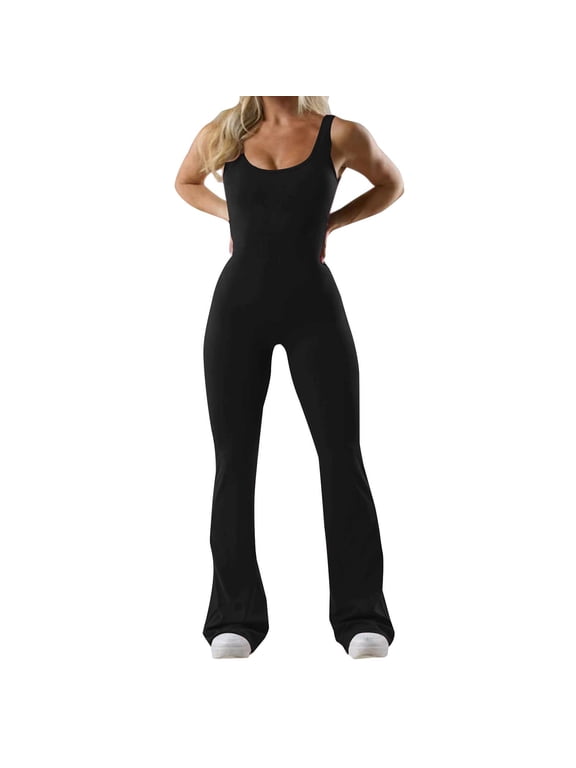 Women's Sleeveless Jumpsuit, Scoop Neck Flared Leg Romper, Stretchy Bodycon Bodysuit, Casual Activewear for Yoga Workout Daily Wear Black L