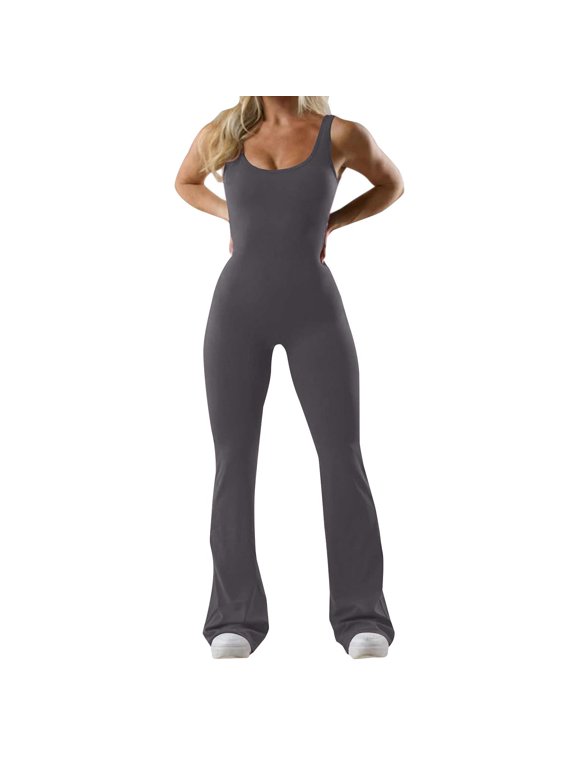 Women's Sleeveless Jumpsuit, Scoop Neck Flared Leg Romper, Stretchy Bodycon Bodysuit, Casual Activewear for Yoga Workout Daily Wear GY1 XL