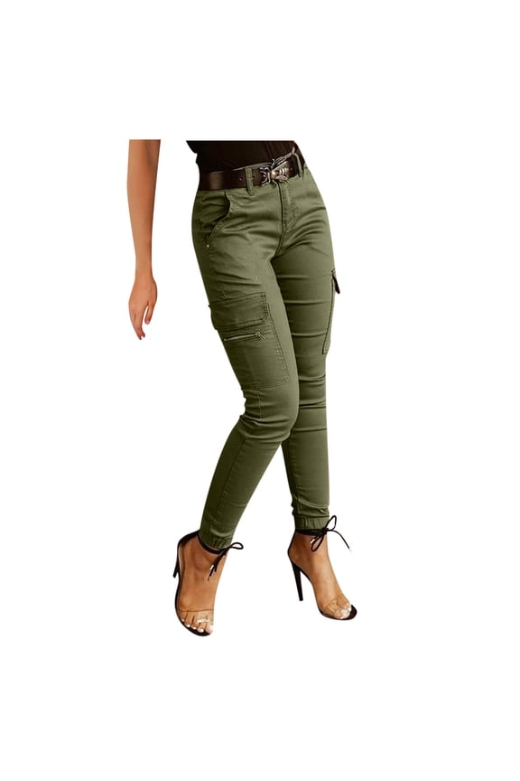 Women's Slim Fit Cargo Pants High Waisted Skinny Utility Jogger Trouser Casual Elastic Cuff Work Pant with Pocket Solid Color Stretchy Combat Military Pencil Pants Army Green S