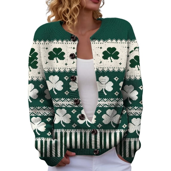 BODOAO Women's St Patrick's Day Cardigan, Shamrock Print Long Sleeve Button Down Knit Sweater with Open Front, Soft Cozy Irish Lucky Top for Festive Holiday Outfits Blue M