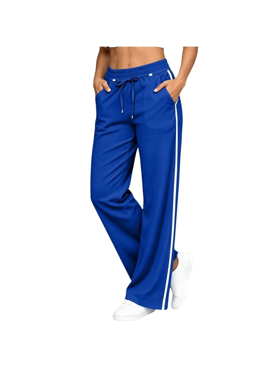 Women's Striped Athletic Track Pants for Women Drawstring Straight Leg Joggers with Pockets Stretchy Soft Casual Workout Running Pants Comfy Lounge Blue M