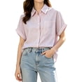 thumbnail image 1 of BODOAO Women's Striped Button Down Shirt, Oversized Short Sleeve Collared Blouse with Chest Pocket, Cuffed Sleeves, Drop Shoulders and Curved High Low Hem for Summer Office Wear Pink M, 1 of 5