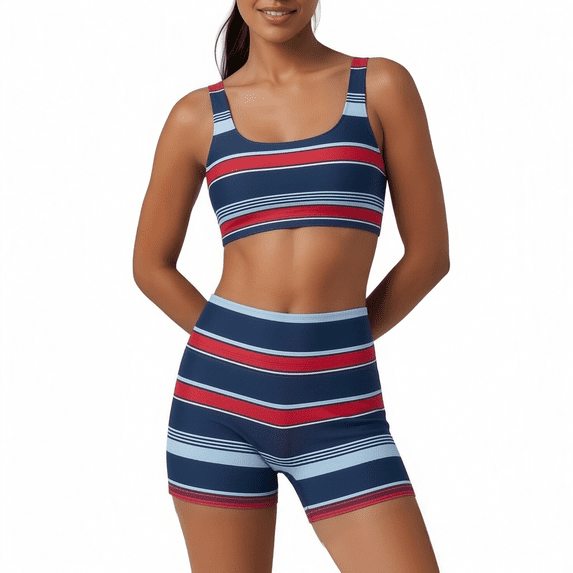 BODOAO Women's Striped Workout Set Square Neck Sports Bra and High Waisted Biker Shorts Seamless Stretch 2 Piece Athletic Outfits for Yoga Gym Running or Exercise Red L