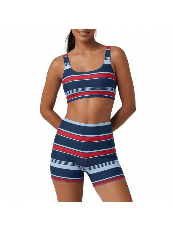 Women's Striped Workout Set Square Neck Sports Bra and High Waisted Biker Shorts Seamless Stretch 2 Piece Athletic Outfits for Yoga Gym Running or Exercise Red L