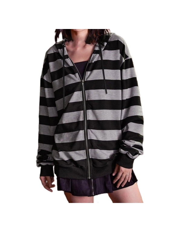 Women's Striped Zip Up Hoodie Bold Color Block Long Sleeve Hooded Jacket with Pockets Drawstring Y2K Grunge Streetwear for Fall Winter Casual Everyday Wear Grey L