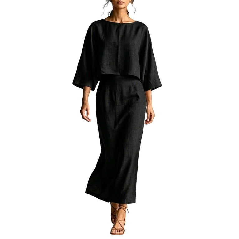 BODOAO Women's Summer Two Piece Matching Skirt Set Long Sleeve Top and Maxi Slit Bodycon Skirt, Beach Vacation Going Out Party Club Outfit for Date Night and Resort Wear Black 2XL