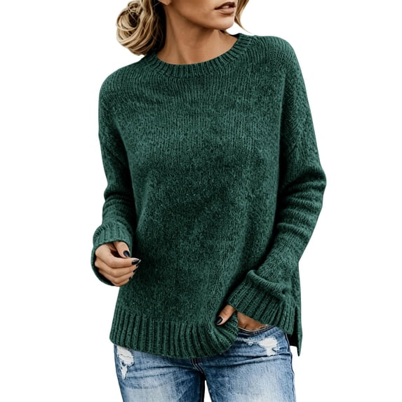 BODOAO Women's Sweater Long Sleeve Crew Neck Knit Pullover with Side Slits Rounded Hem Drop Shoulder Loose Fit Oversized Cozy Casual Lightweight Layering Style for Fall Blackish Green XL