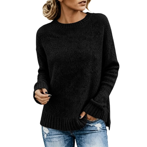 BODOAO Women's Sweater Long Sleeve Crew Neck Knit Pullover with Side Slits Rounded Hem Drop Shoulder Loose Fit Oversized Cozy Casual Lightweight Layering Style for Fall Black XL