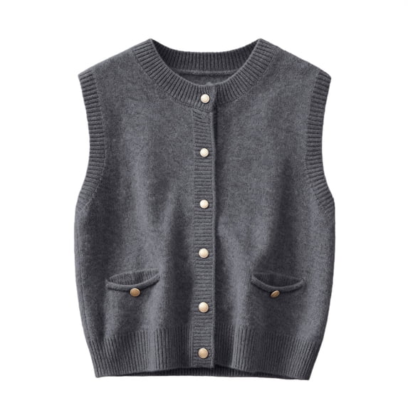 BODOAO Women’s Sweater Vest Crew Neck Button Down Sleeveless Knit Cardigan Vest with Front Pockets Ribbed Hem Casual Soft Layering Top for Fall Winter Outfits Grey L