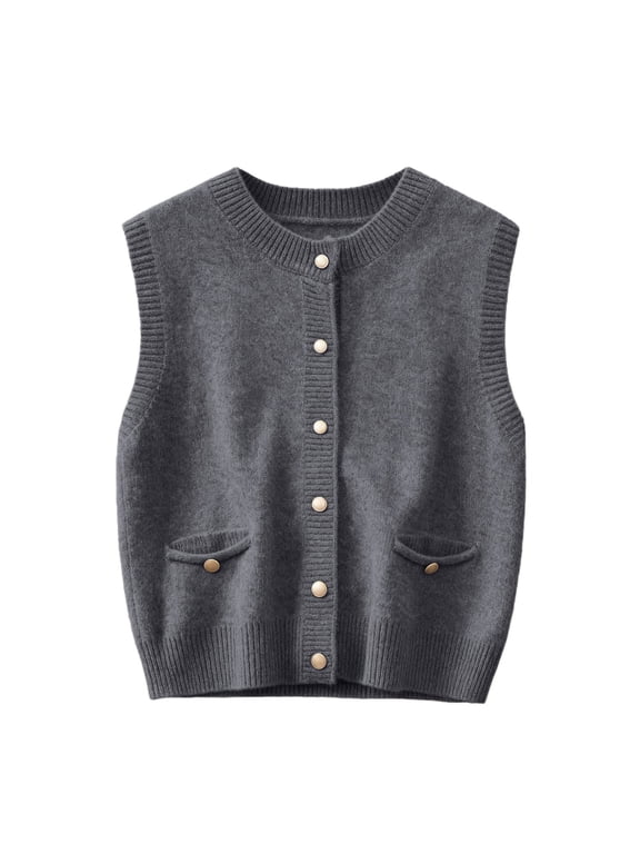 Women’s Sweater Vest Crew Neck Button Down Sleeveless Knit Cardigan Vest with Front Pockets Ribbed Hem Casual Soft Layering Top for Fall Winter Outfits Grey XL