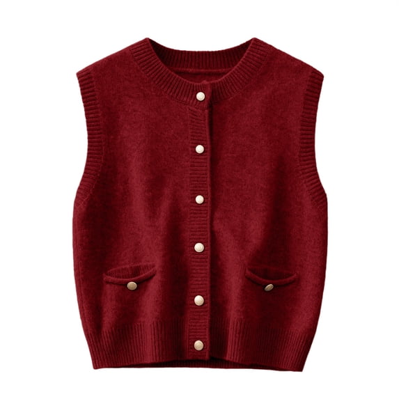 BODOAO Women’s Sweater Vest Crew Neck Button Down Sleeveless Knit Cardigan Vest with Front Pockets Ribbed Hem Casual Soft Layering Top for Fall Winter Outfits Red M