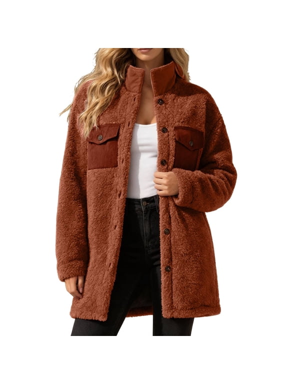 Women's Teddy Fleece Coat Mid Length Button Down Sherpa Jacket with Collar and Corduroy Patch Pockets Warm Fuzzy Casual Shacket for Everyday Outerwear Styling Orange 2XL