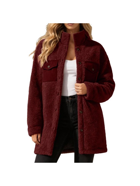 Women's Teddy Fleece Coat Mid Length Button Down Sherpa Jacket with Collar and Corduroy Patch Pockets Warm Fuzzy Casual Shacket for Everyday Outerwear Styling Red 2XL
