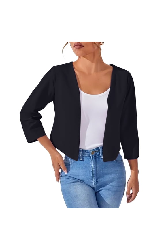 Women's Thin Shrugs 3/4 Sleeve Lightweight Cropped Tops Open Front Cardigan for Dress Spring and Summer New Women's Solid Color Short Suit Jacket Trendy Women's Cardigan Top Black S
