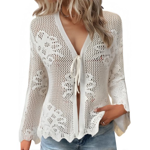 BODOAO Women's Tie Front Crochet Lightweight Long Sleeve Cardigan Sweaters Boho Beach Hollow Out Lace Cover Up Casual Cardigan Summer Beach Long Sleeve Hollow Out Tie Front Crochet Cardigan White S