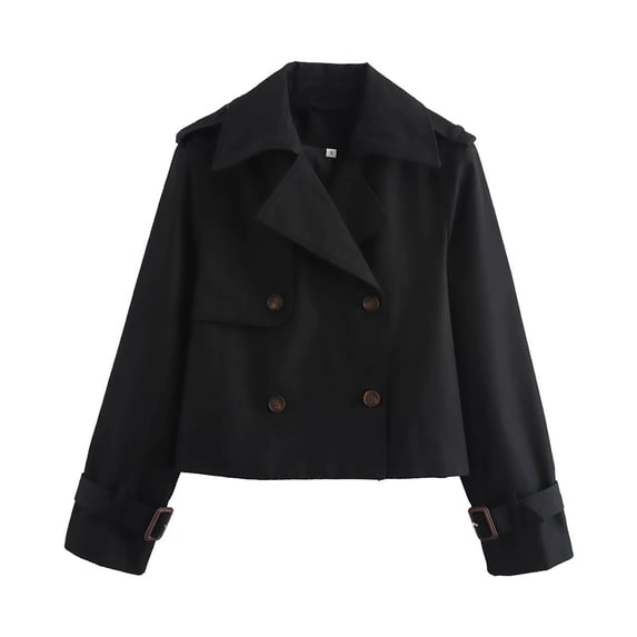 BODOAO Women’s Trench Coat Cropped Double Breasted Jacket Notched Lapel Long Sleeve with Buckle Cuffs Casual Short Trench Jacket Fall Spring Outerwear for Women Black L