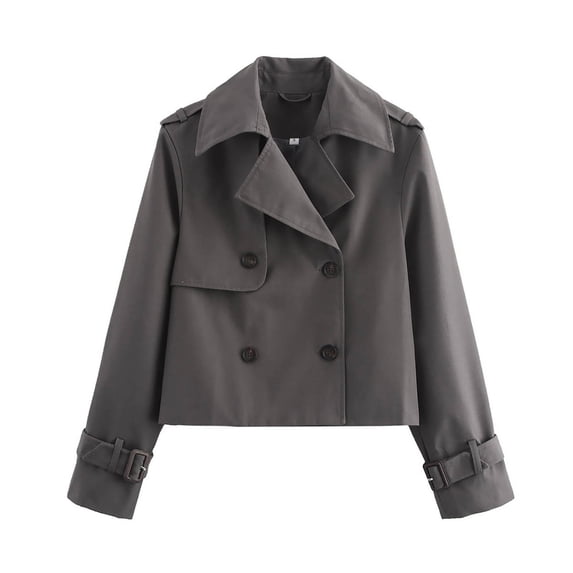 BODOAO Women’s Trench Coat Cropped Double Breasted Jacket Notched Lapel Long Sleeve with Buckle Cuffs Casual Short Trench Jacket Fall Spring Outerwear for Women Grey XL