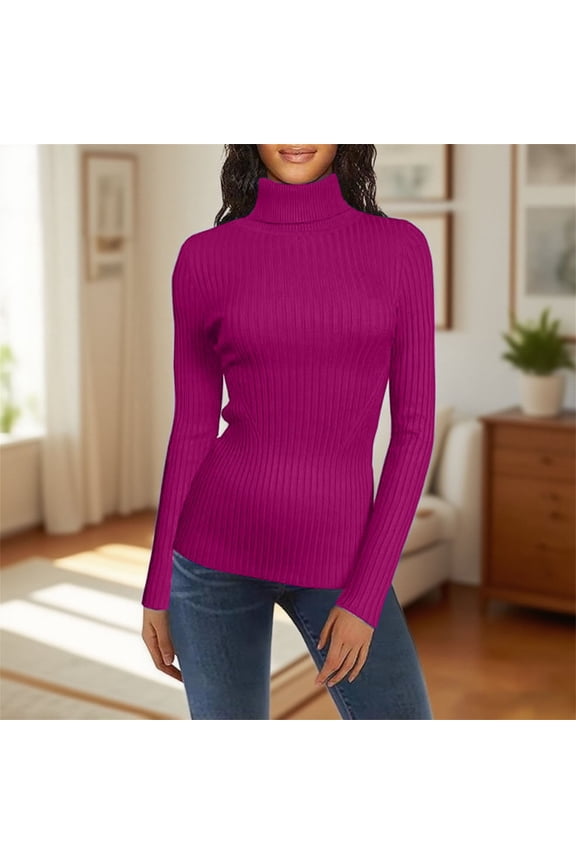 Women's Turtleneck Sweaters 2025 Fall Fitted Long Sleeve Pullover Sweater Ribbed Knit Basic Ribbed Thermal Tops Stretch Knitted Fitted Lightweight Base Layer Lightweight Tunic Top Hot Pink XXL