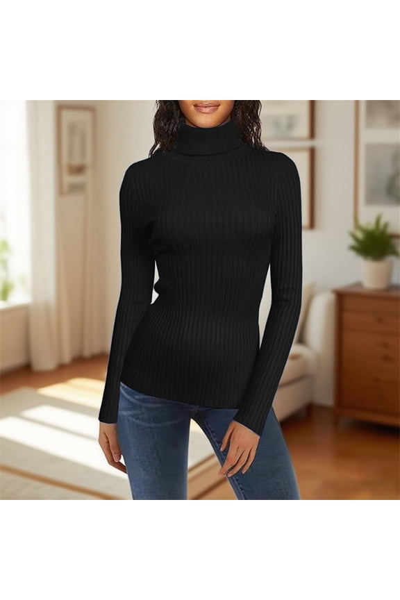 Women's Turtleneck Sweaters 2025 Fall Fitted Long Sleeve Pullover Sweater Ribbed Knit Basic Ribbed Thermal Tops Stretch Knitted Fitted Lightweight Base Layer Lightweight Tunic Top Black XS