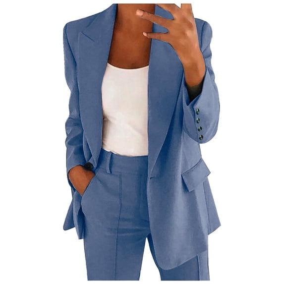 BODOAO Women's Two Piece Pant Suit, Long Sleeve Lapel Blazer and Straight Leg Trousers, Business Casual Outfit, Professional Office Workwear, Elegant Formal Set for Interview Blue S