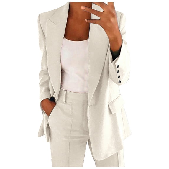 BODOAO Women's Two Piece Pant Suit, Long Sleeve Lapel Blazer and Straight Leg Trousers, Business Casual Outfit, Professional Office Workwear, Elegant Formal Set for Interview Khaki M