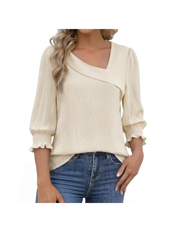 Women's V Neck Blouse 3/4 Puff Sleeve Elegant Work Top Smocked Cuff Business Casual Dressy Tunic Shirt for Office Work Loose Fit Dressy Blouse Top for Women Work Business Beige M