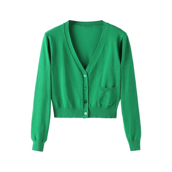 BODOAO Women's V-Neck Button Down Long Sleeve Soft Classic Basic Knit Cardigan Sweater Cropped Shrug Bolero Cardigan Jacket Spring and Autumn Knitted Sweater Short Knitted Cardigan Green M