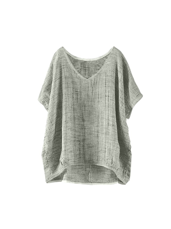 Women's V Neck Linen Blouses Plus Size Tops Quick Dry Flowy Shirts Oversized Blouse Elbow Sleeve Lightweight Plain Blouses Spring Shirt Beach Tops Summer Lounge 2026 Trendy Blouse Grey Xl