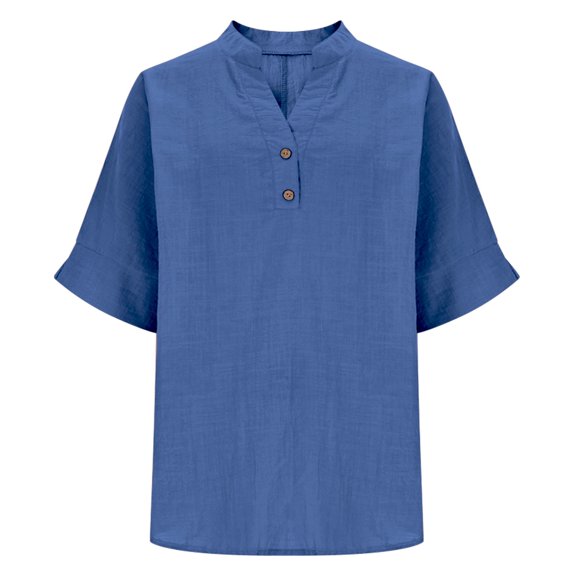 BODOAO Women's V Neck Pullover Blouse 2026 Trendy Half Button up Split Summer Tops Casual Half Sleeve Shirts Relaxed Fit Plain T-Shirts Vacation Beach Wear Blue L