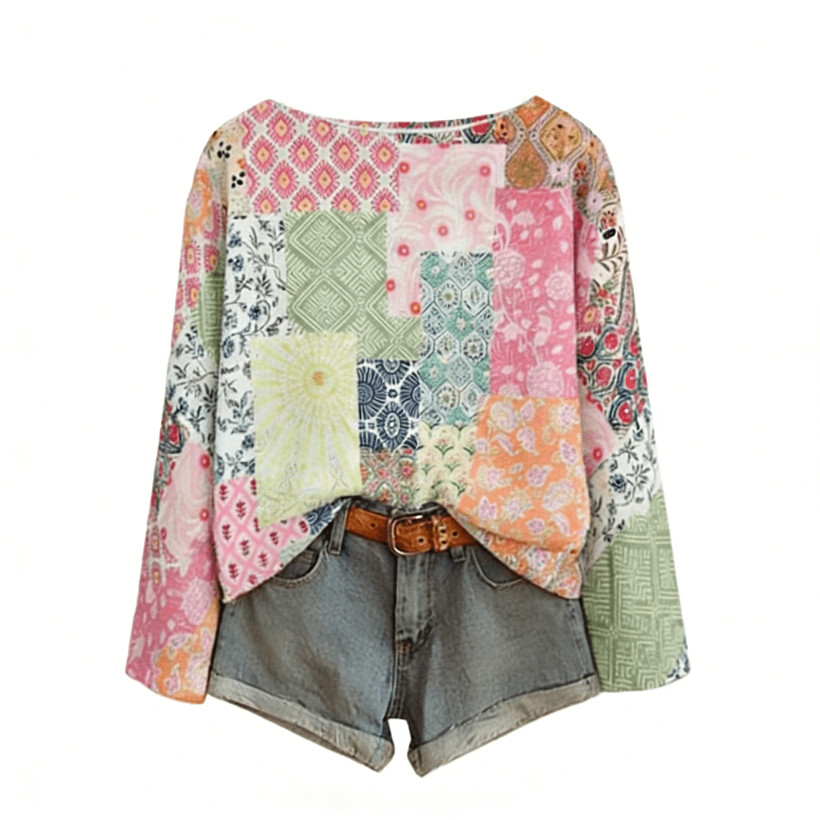 BODOAO Women's Vintage Boho Print Long Sleeve Top Tribal Ethnic Floral ...