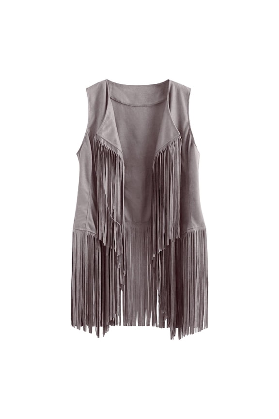 Women's Vintage Western Fringe Vest Tops Classic Suede Leather 70S Cowboy Shirt Sleeveless Tassels Cardigan Jackets Women Tassel Vest Sleeveless Open Front Cardigan Tank Jacket Outerwear Grey M