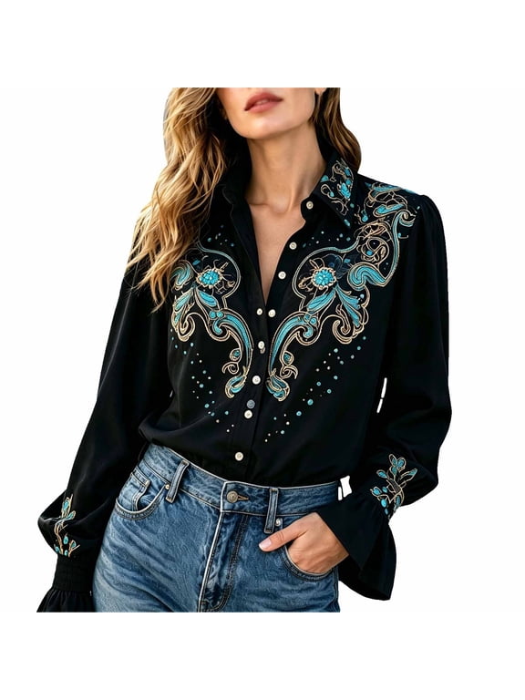 Women's Western Embroidered Shirt Pearl Snap Button Down Blouse with Paisley Pattern and Rhinestone Detail Long Puff Sleeves Smocked Cuffs Vintage Cowgirl Rodeo Style Black M