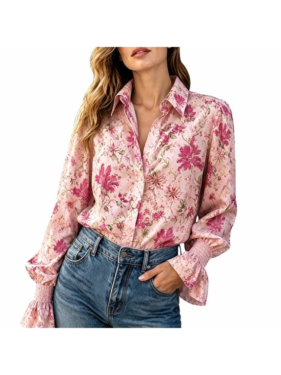 Women's Western Horse Print Shirt Equestrian Pattern Button Down Collared Blouse with Chest Pockets Long Puff Sleeves Smocked Cuffs Vintage Cowgirl Rodeo Top Light Pink S