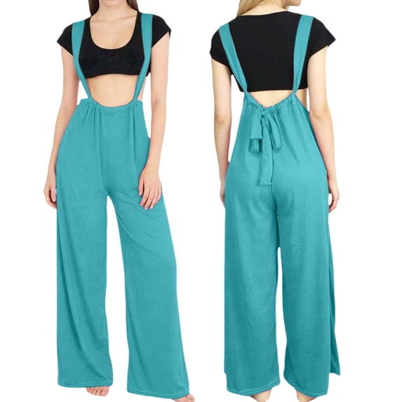 BODOAO Women's Wide Leg Overall Jumpsuit with Adjustable Straps and Tie Back, Loose Flowy Bib Overalls Romper for Casual Summer Beach One Piece Loungewear Outfit Blackish Green L