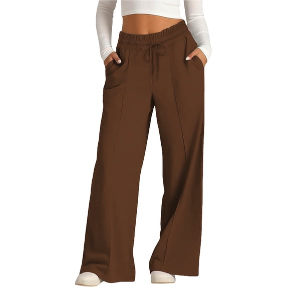 BODOAO Women's Wide Leg Sweatpants Drawstring Baggy Sweat Pant High Waisted Casual Trousers Fashion Jogger Pants with Pockets Leisure Fashion Lacing Solid Color Waist Waist Wide Leg Pants Brown L