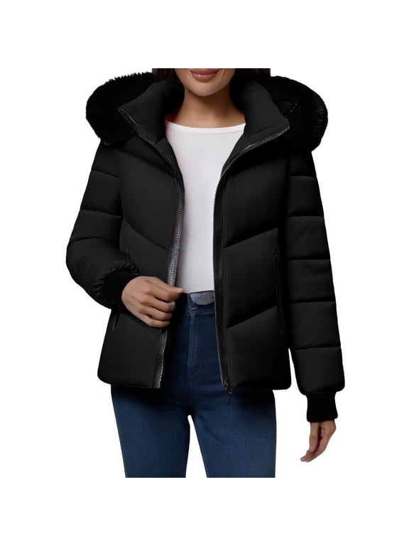 Women's Winter Puffer Jacket Hooded Faux Fur Trim Quilted Bubble Coat Warm Full Zip Up Short Outerwear Parka with Pockets Casual Warm Outerwear Coat for Women Cold Weather Black 3XL
