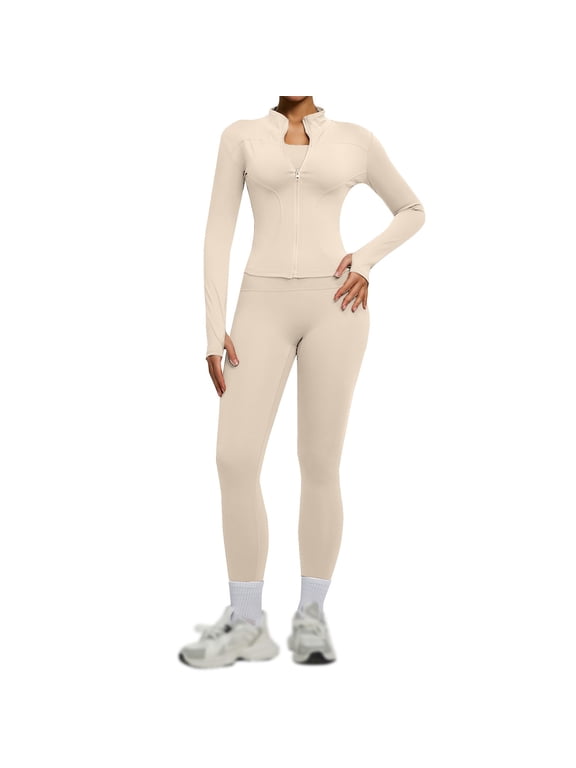 Women's Workout Set, Long Sleeve Full Zip Jacket and High Waisted Leggings, Two Piece Athletic Tracksuit, Slim Fit Activewear for Yoga Gym Beige L