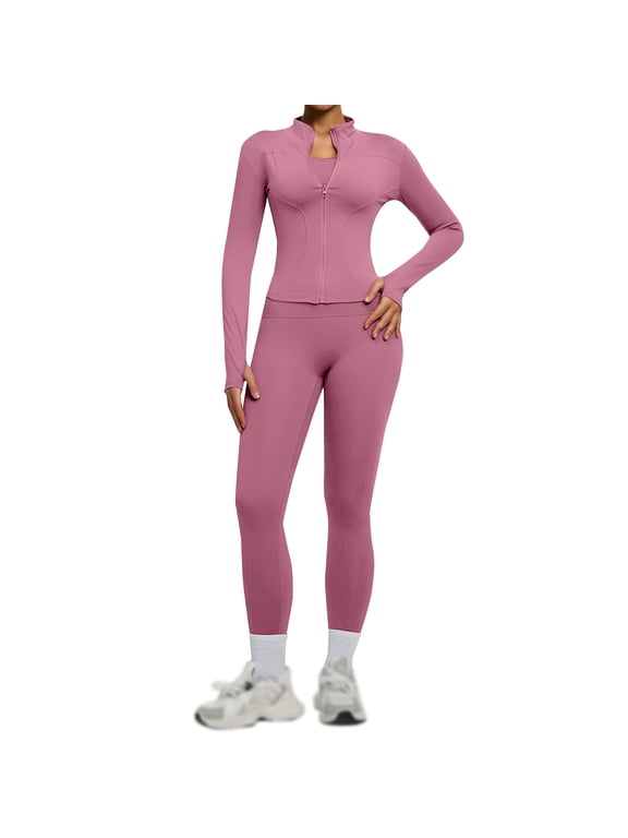 Women's Workout Set, Long Sleeve Full Zip Jacket and High Waisted Leggings, Two Piece Athletic Tracksuit, Slim Fit Activewear for Yoga Gym Pink M